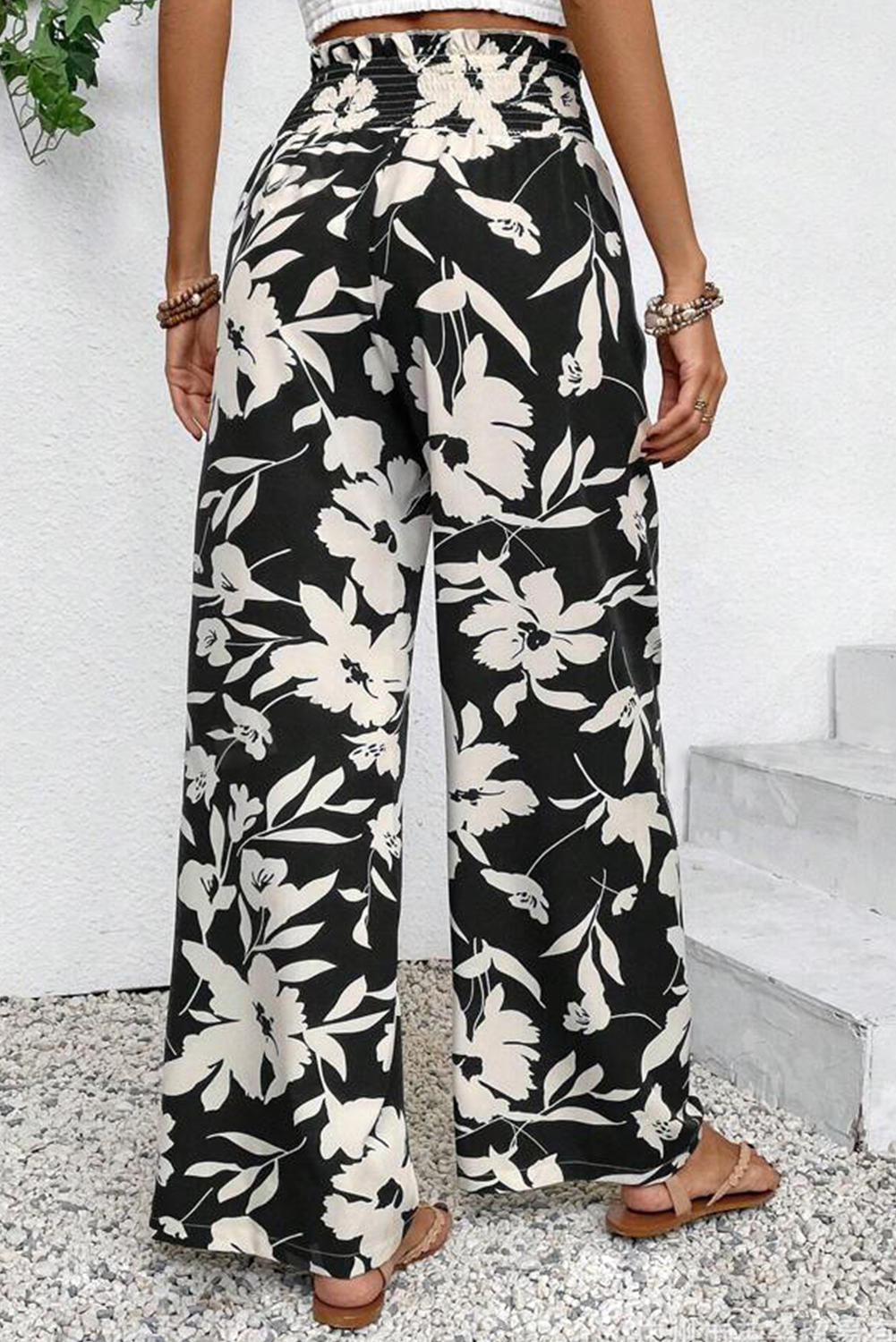 Black Floral Print Smocked High Waist Wide Leg Pants 🇨🇳