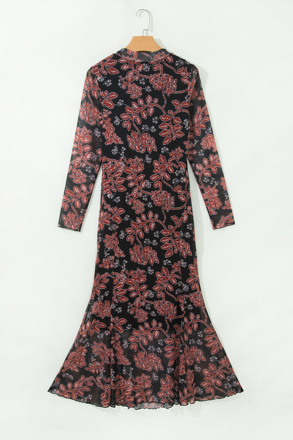 Black Retro Floral Print Long Sleeve Casual Mesh Dress 🇺🇸