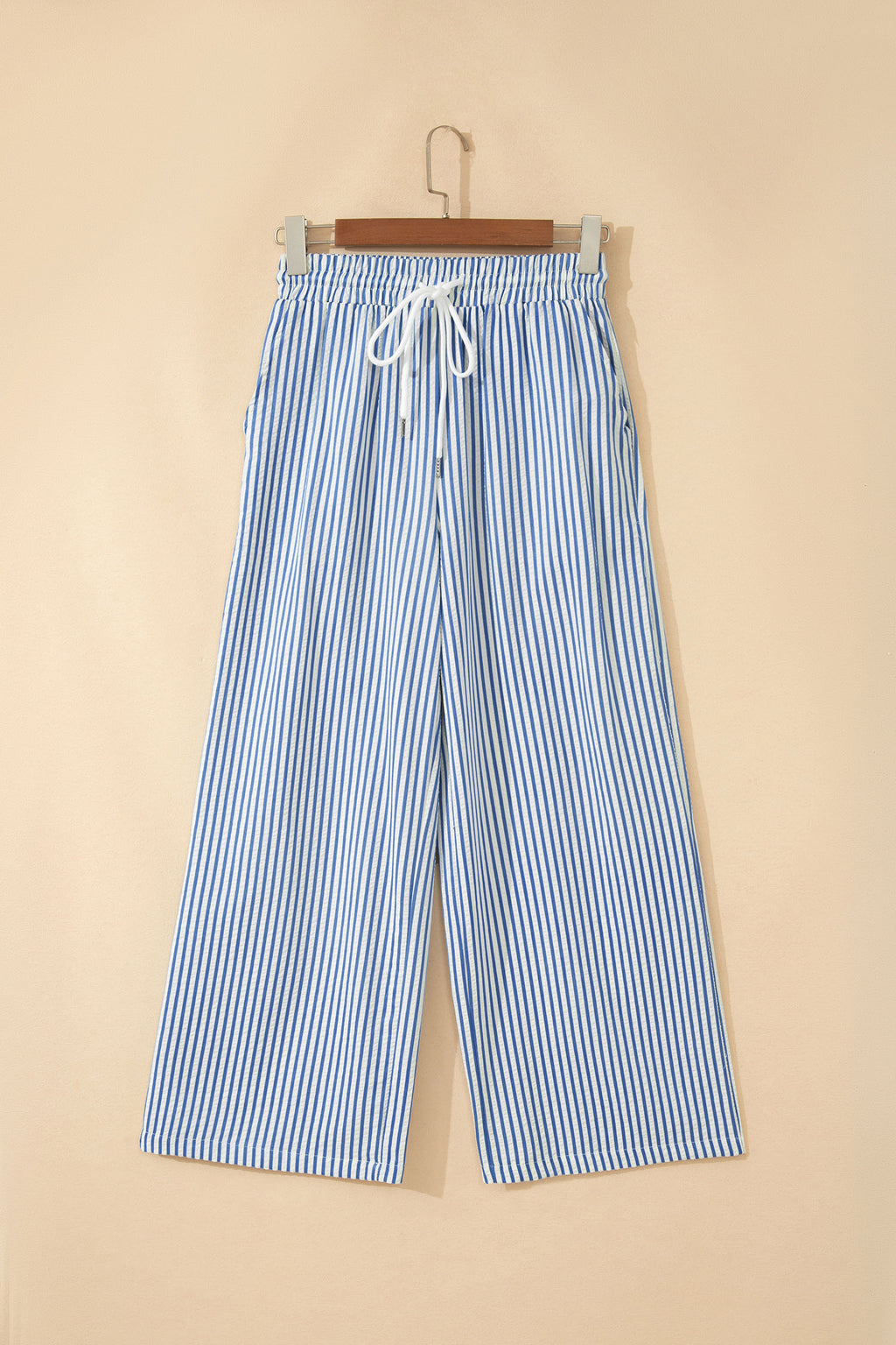 Blue Stripe Drawstring Elastic Waist Ankle Length Shift Pants