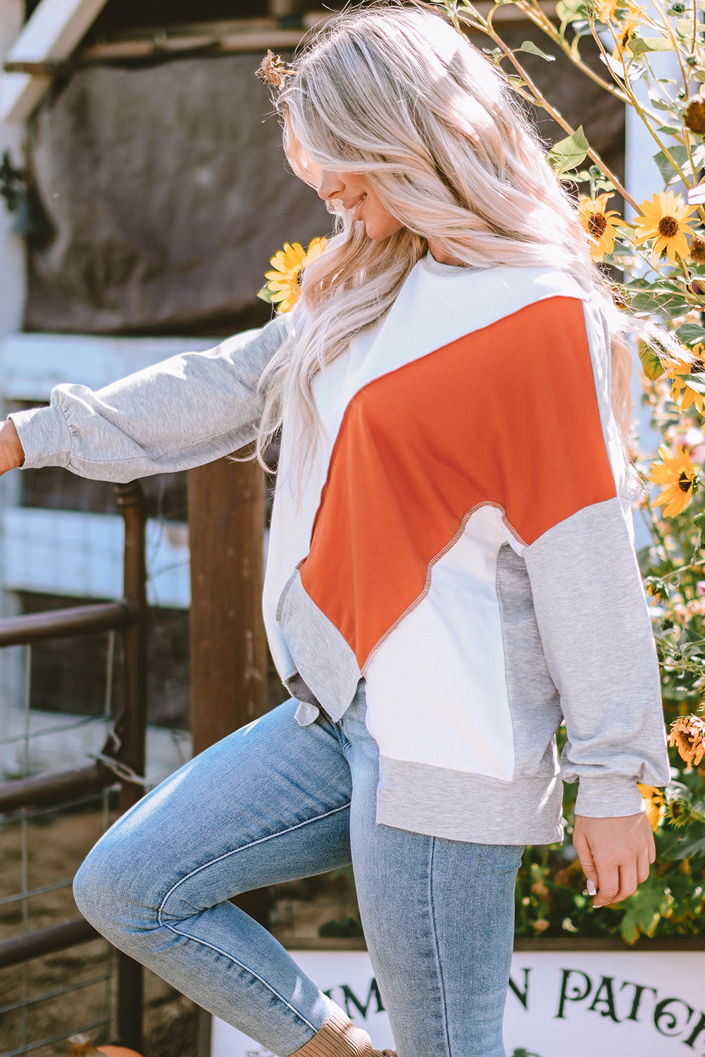 Khaki Colorblock Stitching Irregular Hem Long Sleeve Top 🇺🇸