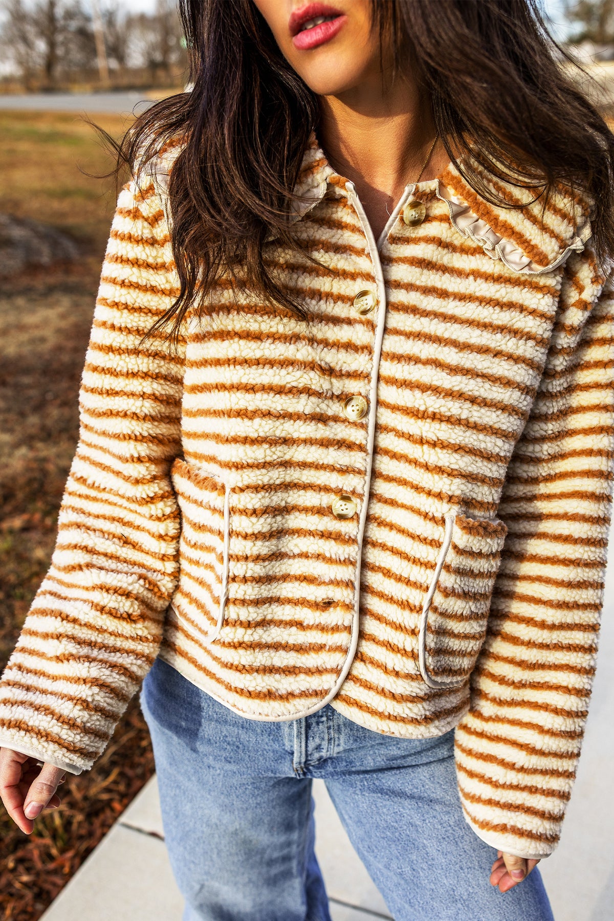 Brown Stripe Striped Fleece Button Front Long Sleeve Regular Fit Jacket 🇺🇸
