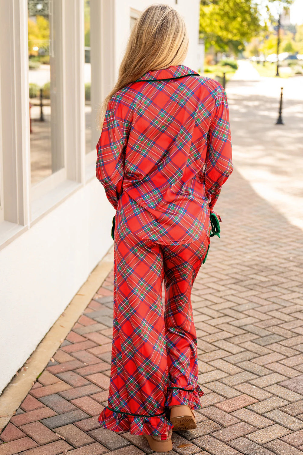 Fiery Red Christmas Plaid Satin Pajama Set with Contrast Velvet Ties 🇺🇸