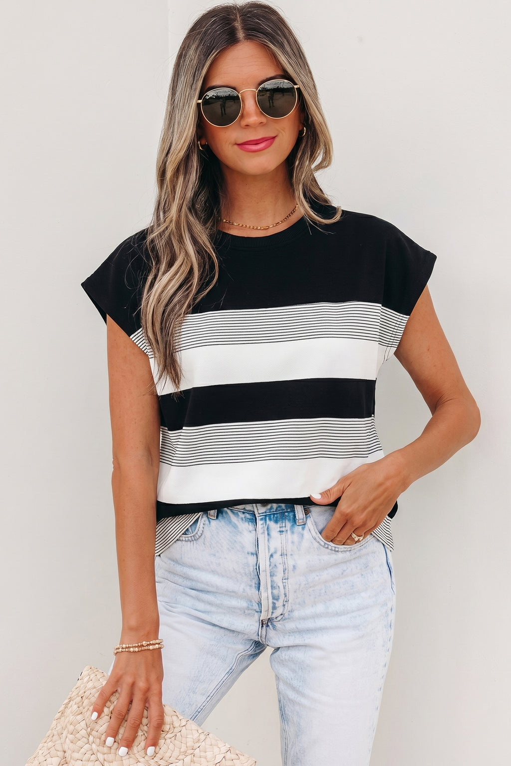 Black Stripe Mixed Print Crew Neck Cap Sleeve T Shirt 🇺🇸