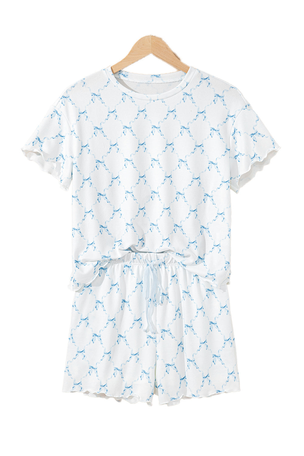 Sky Blue Bow Knot Geometric Print Lettuce Trim Two Piece Lounge Set 🇨🇳