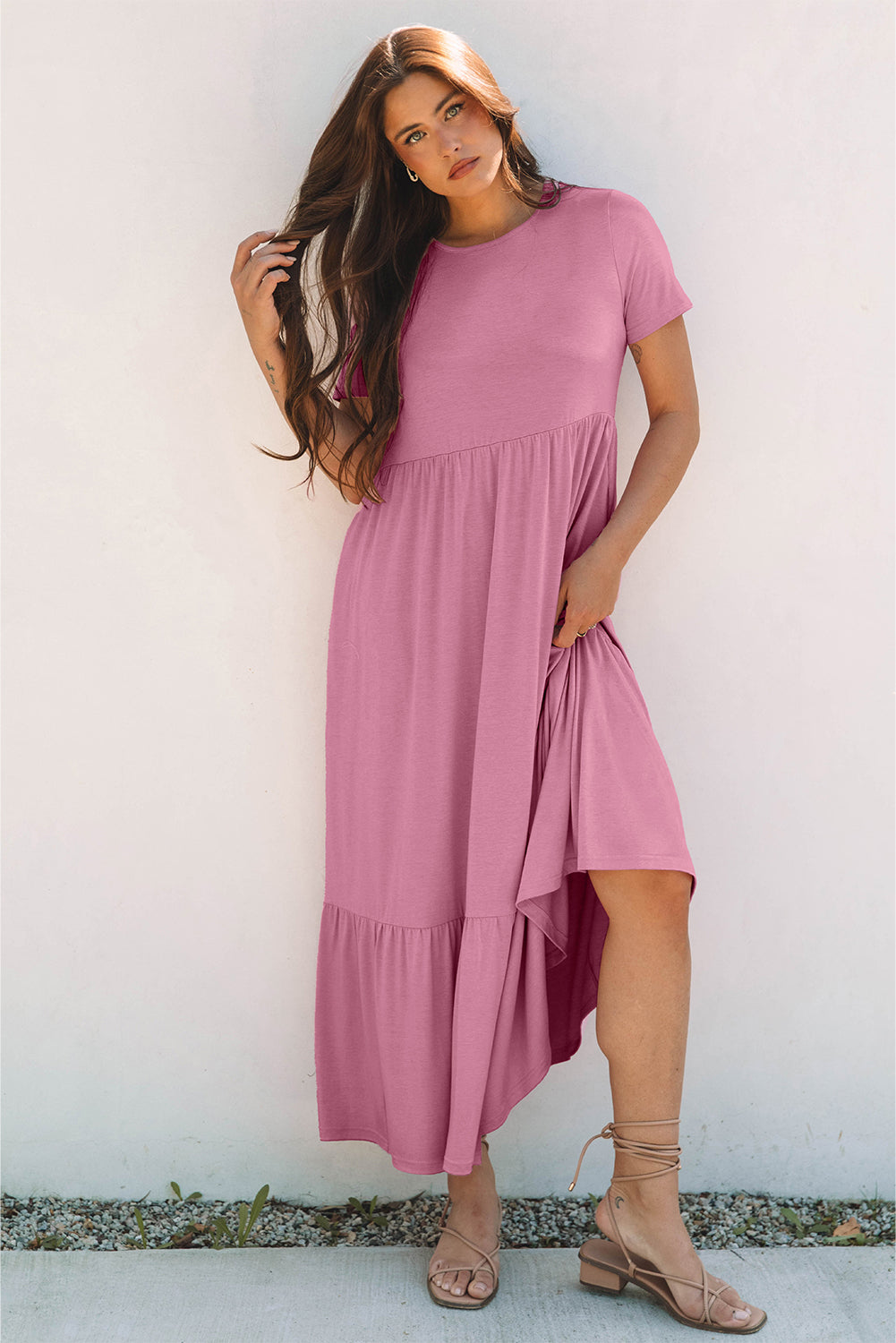 Pink Solid Color T-shirt High Waist Pocketed Long Dress 🇨🇳