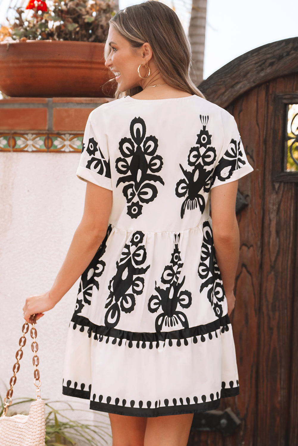 Black Vintage Print V Neck High Waist Short Sleeve Dress 🇨🇳