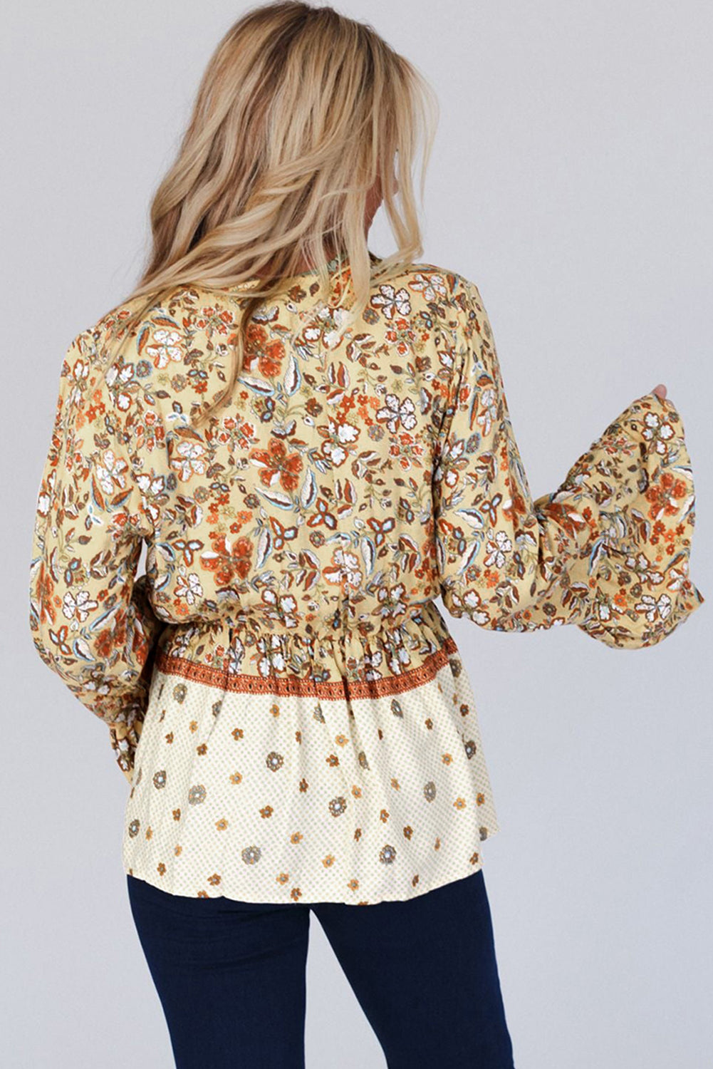 Yellow Printed Floral Bell Sleeve V Neck Wrapped Contrast Peplum Blouse 🇺🇸