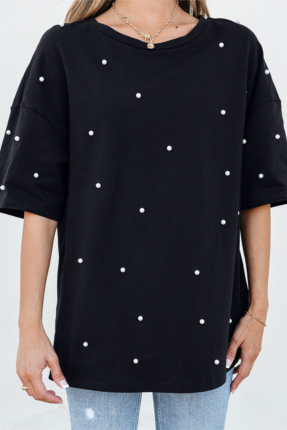 Black Pearl Beaded Drop Shoulder Crewneck T Shirt 🇨🇳