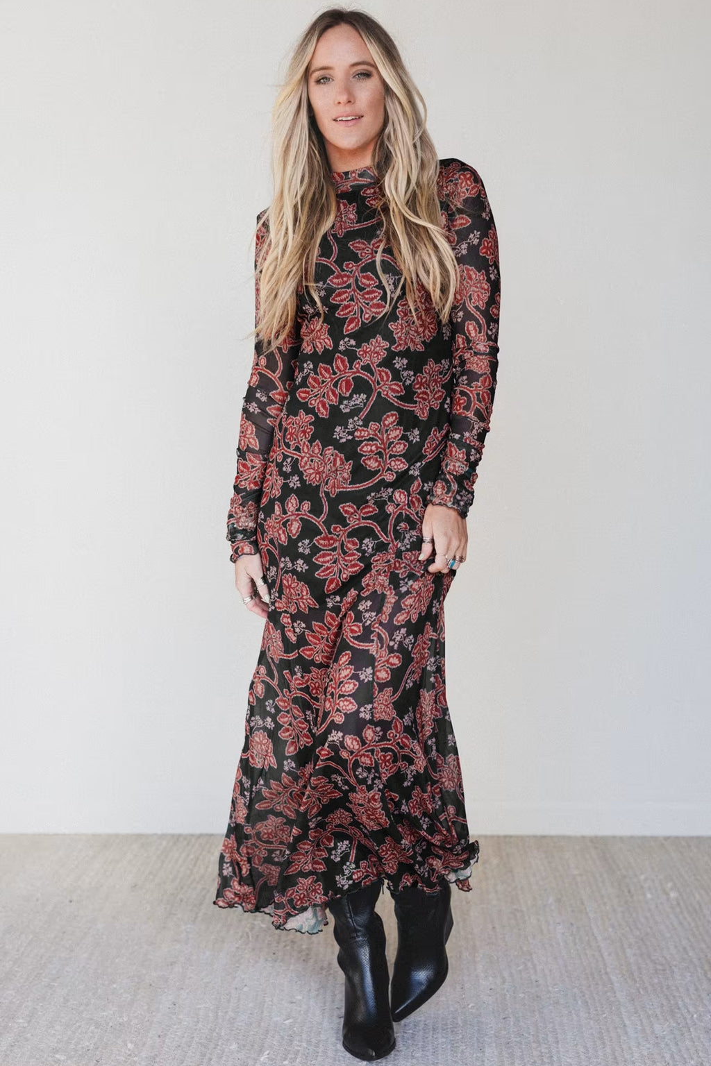 Black Retro Floral Print Long Sleeve Casual Mesh Dress 🇺🇸