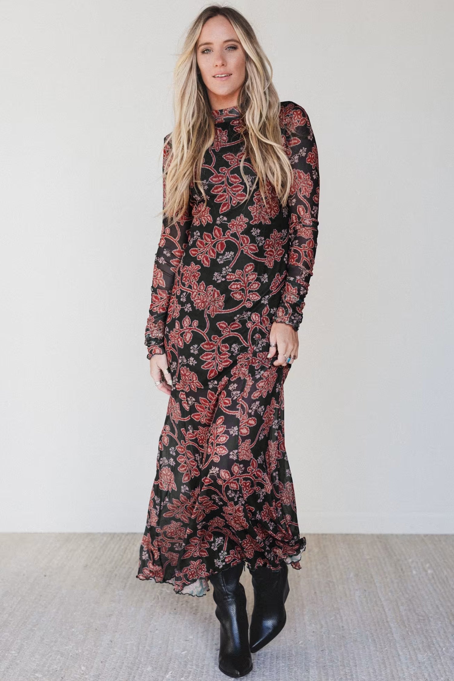 Black Retro Floral Print Long Sleeve Casual Mesh Dress 🇺🇸