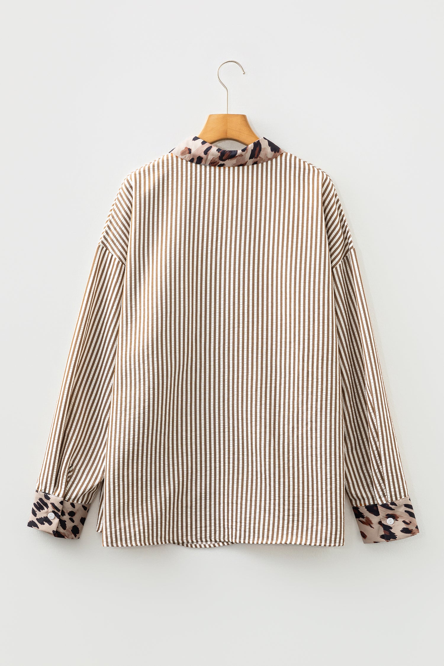 Brown Stripe Leopard Patched Collared Chest Pocket Cuffed Long Sleeve Plus Size Shirt 🇺🇸