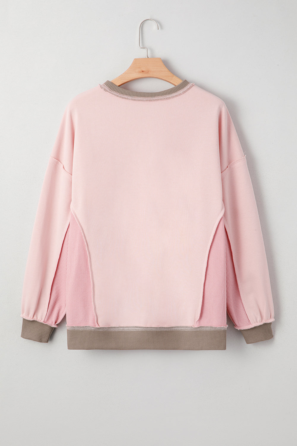 Light Pink Plus Color Block Waffle Patchwork Exposed Seam Baggy Sweatshirt 🇺🇸