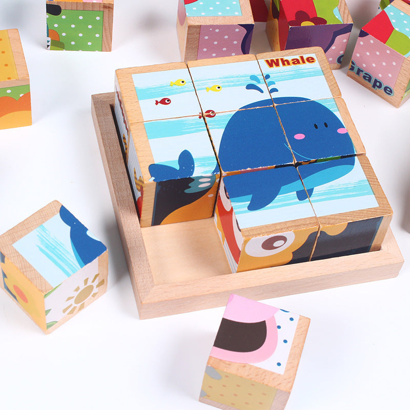 High-grade Six-face Picture Wooden Jigsaw 3D Puzzle Toys Children's Early Educational Toy Cube Jigsaw Puzzle Baby Kids Gifts 🇨🇳