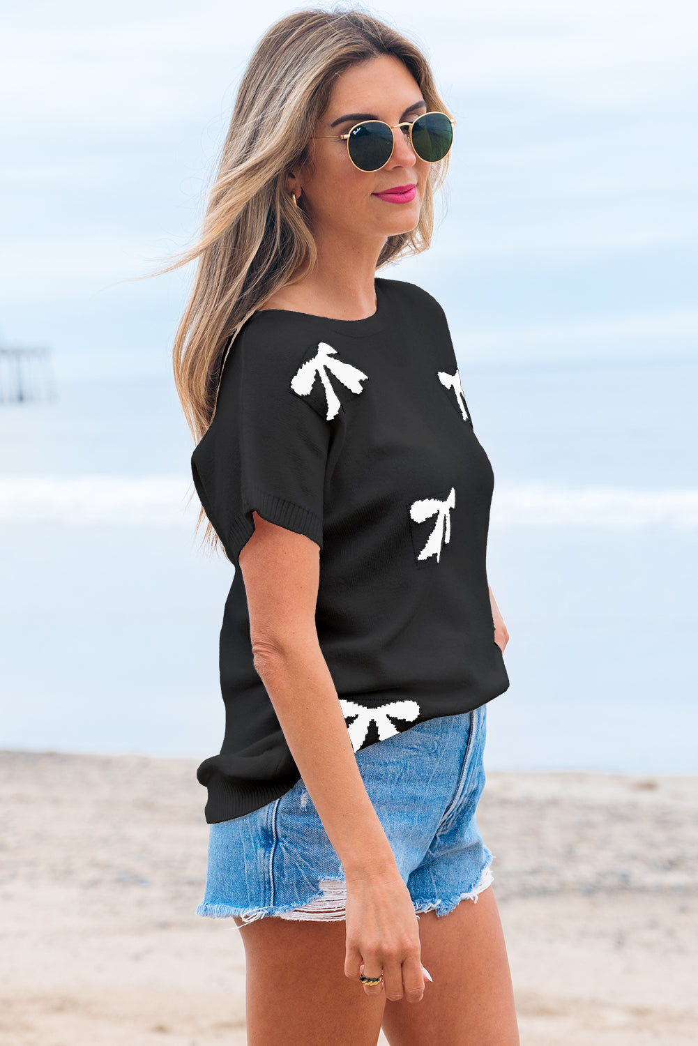 Black Bow Pattern Knit Short Sleeve Sweater 🇺🇲