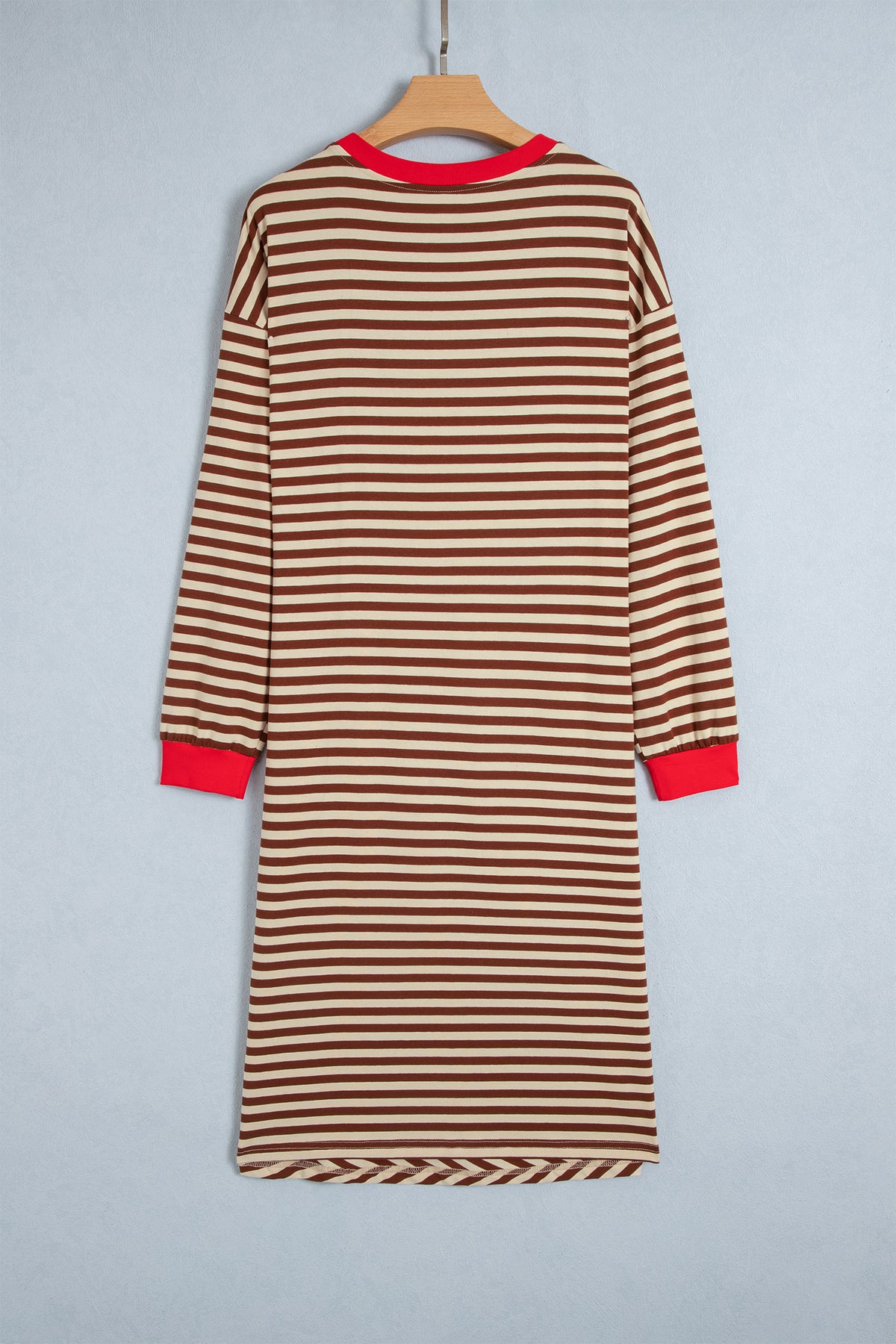Brown Stripe Striped Colorblock Cuffs Round Neck Long Sleeve Shift Dress 🇺🇸