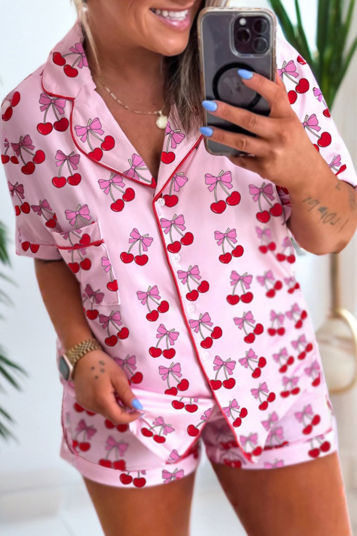 Pink Cherry/Bow Print Short Pajama Set 🇺🇸