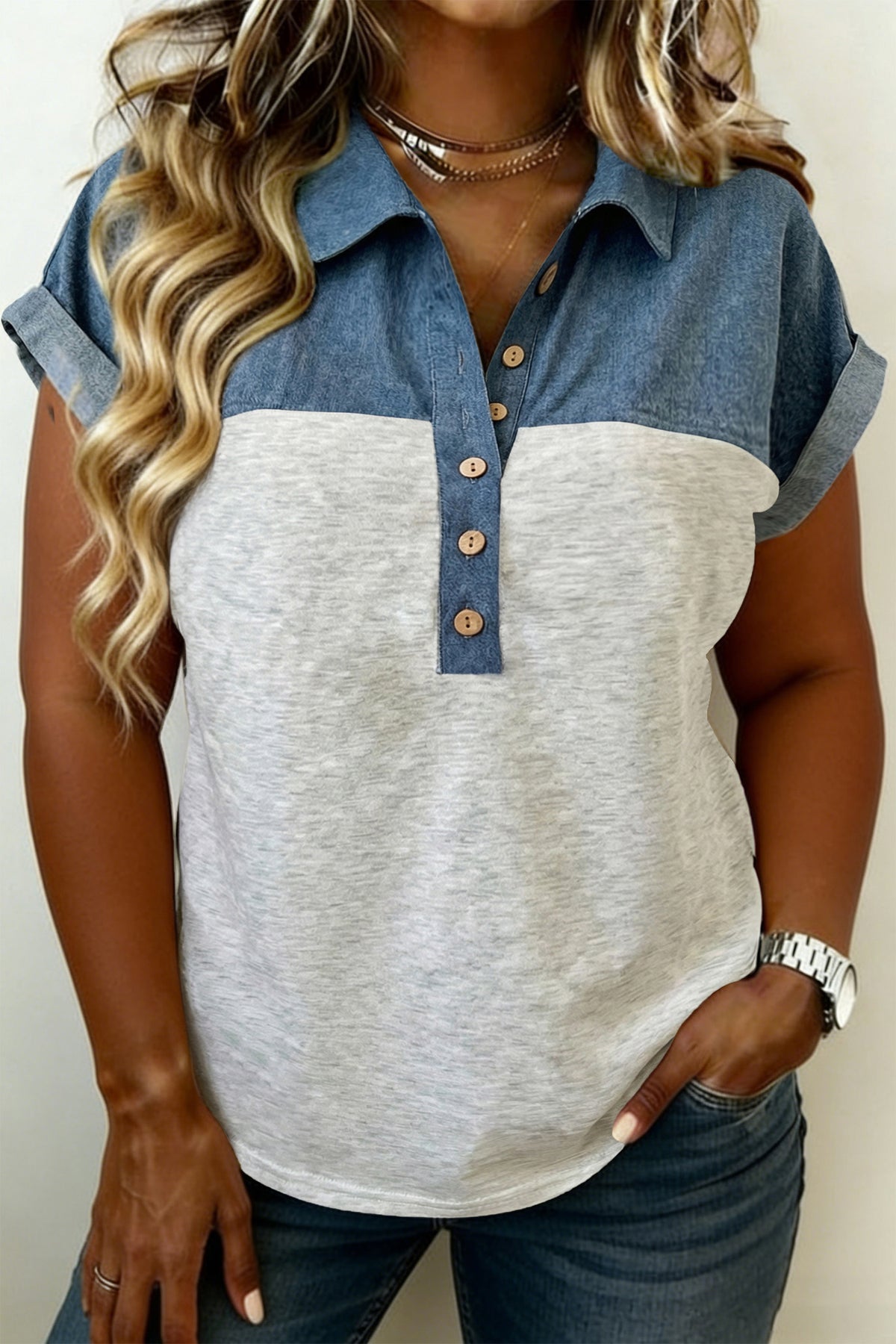 Light Grey Half Buttons Collared Denim Patchwork Plus Short Sleeve Top 🇺🇸