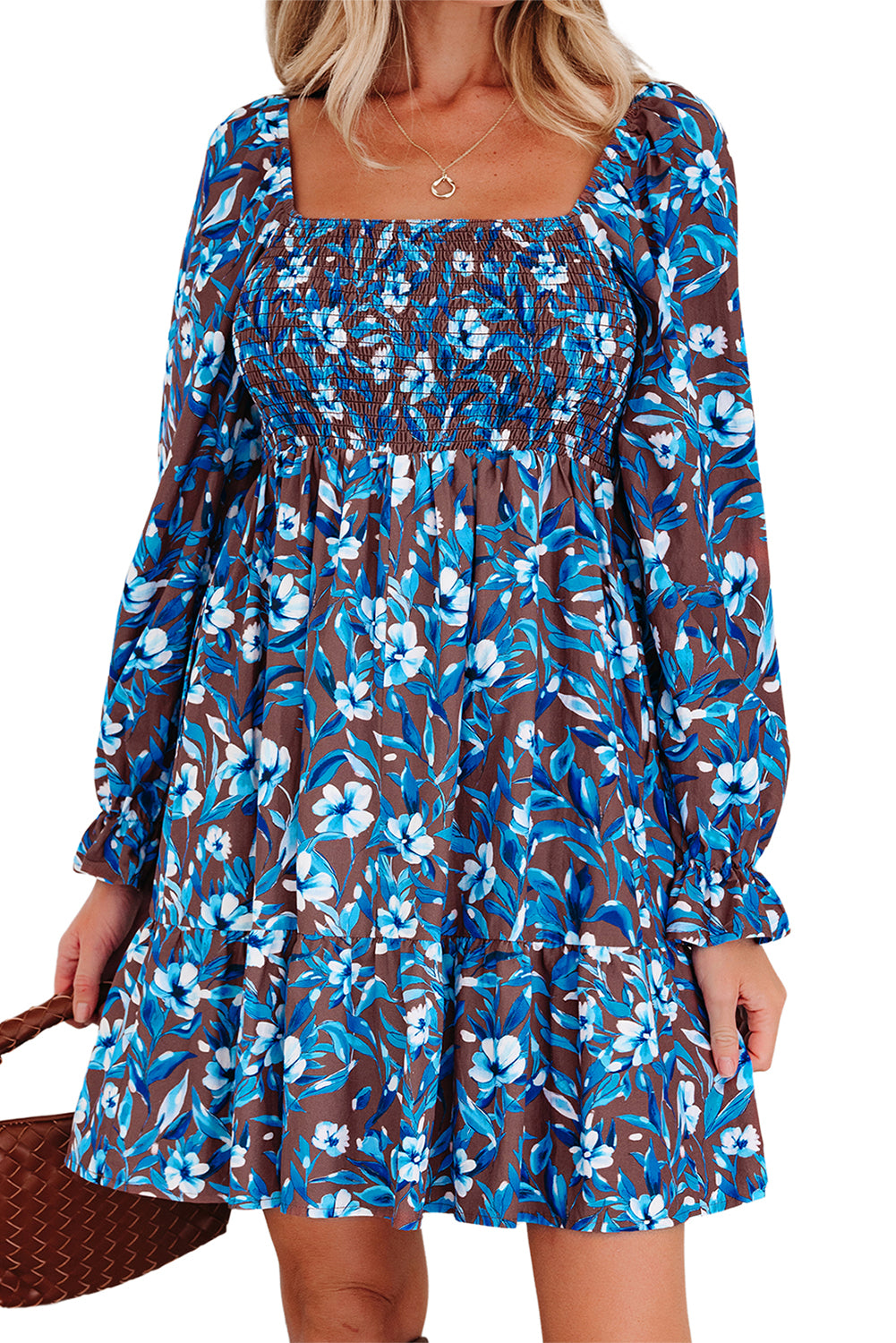 Blue Smocked Bodice High Waist Ruffled Sleeve Floral Dress 🇺🇸