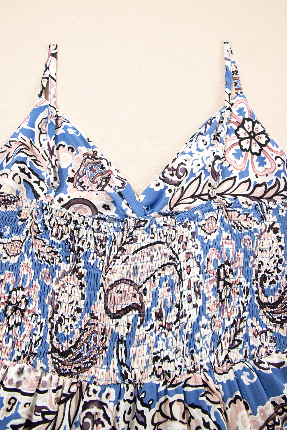Blue Paisley Print Twist Detail Smocked Back Spaghetti Straps Long Dress 🇨🇳