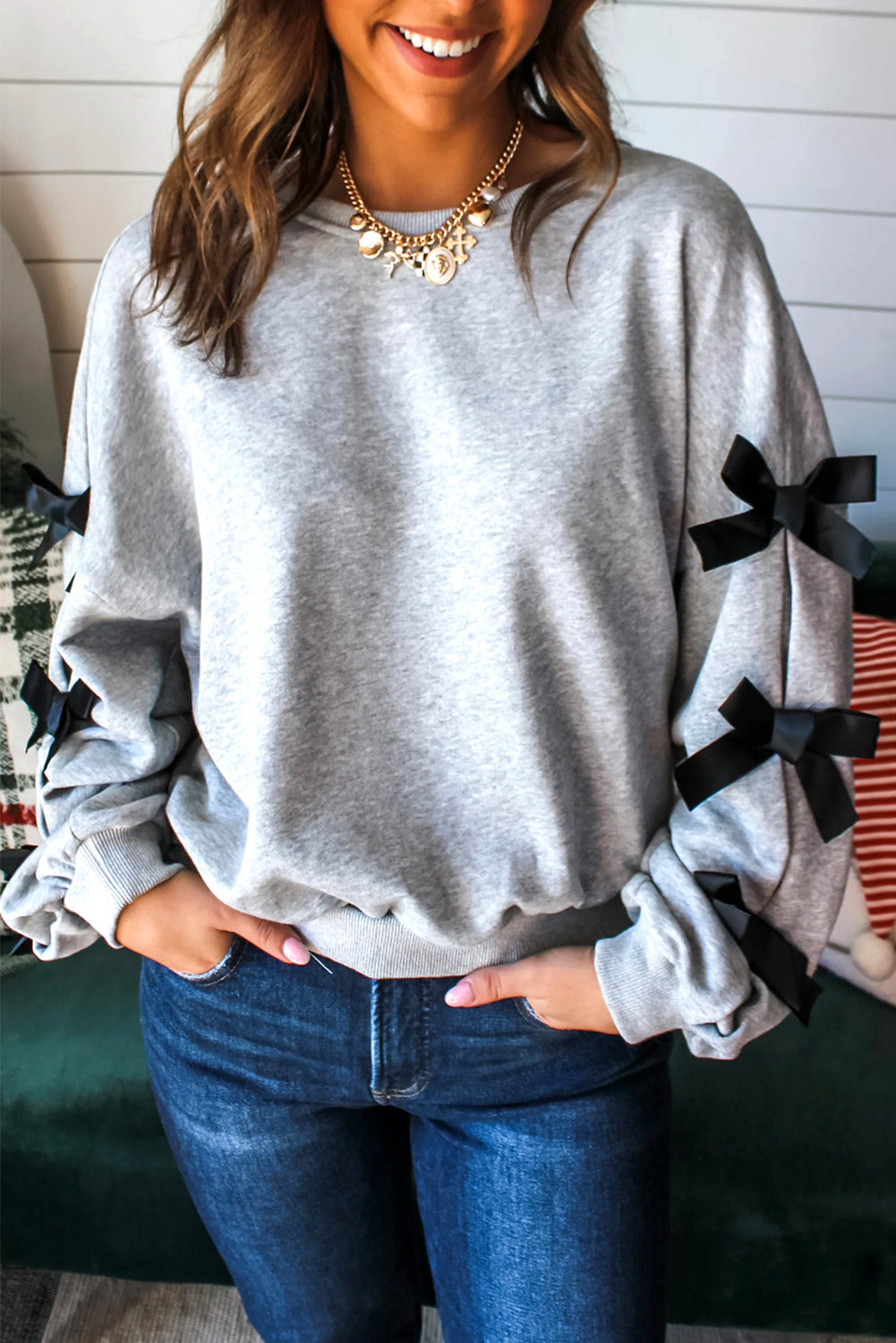 Light Grey Contrast Bow Applique Drop Sleeve Round Neck Sweatshirt 🇺🇸