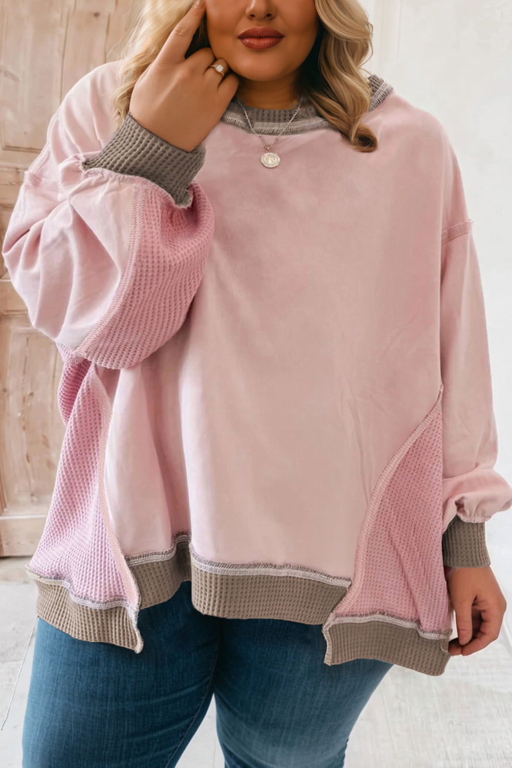 Light Pink Plus Color Block Waffle Patchwork Exposed Seam Baggy Sweatshirt 🇺🇸