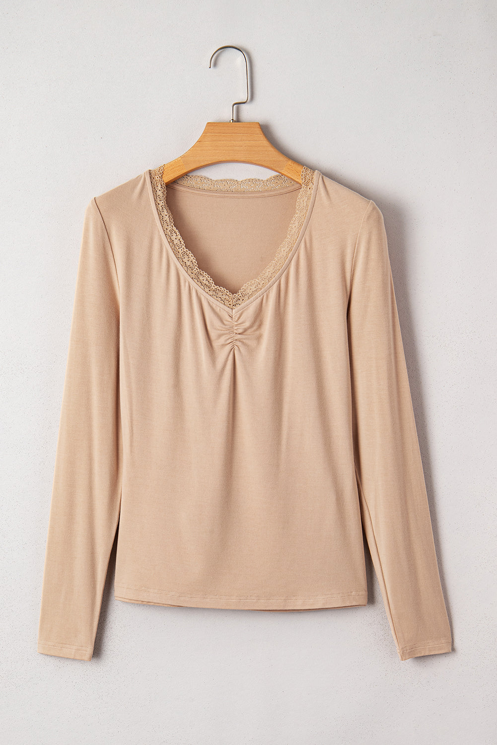 Smoke Gray Lace-trimmed Sweetheart Neckline Ruched Detail Long Sleeve T-shirt 🇺🇸