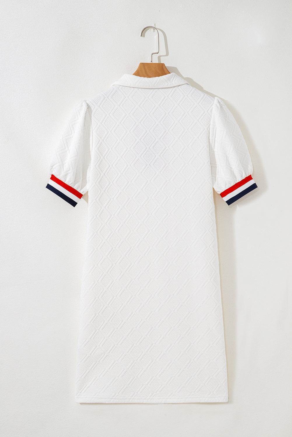 White Textured Jacquard Colorblock Edge Puff Sleeve Quarter Zip Mini Dress 🇨🇳