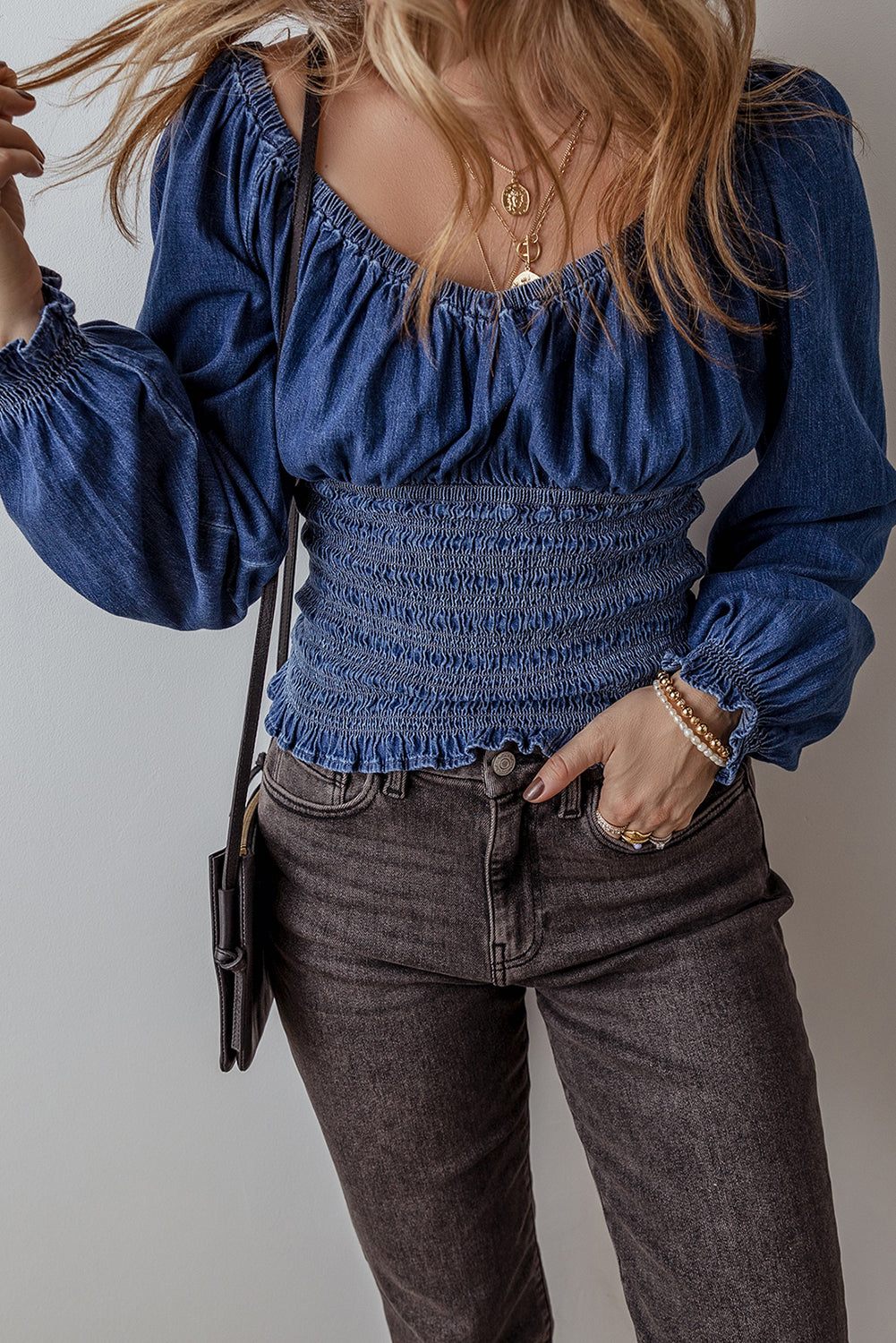 Dark Blue Smocked Ruffled Puff Sleeve V Neck Denim Blouse 🇨🇳