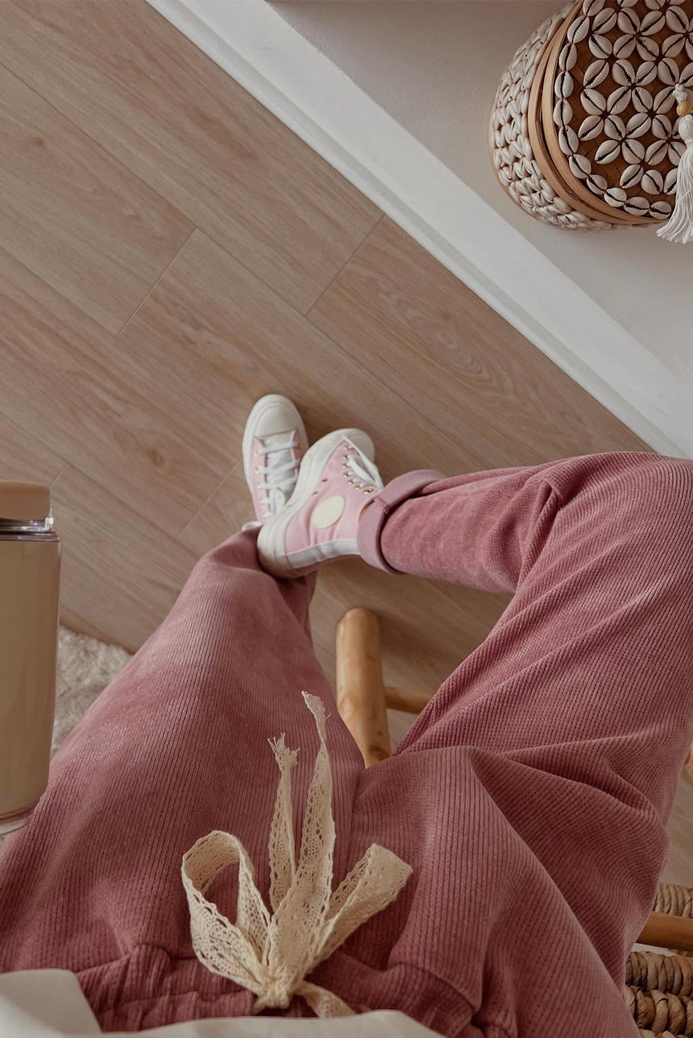 Rose Tan Lace Drawstring Pullover Hoodie and High Waist Pants Corduroy Suit 🇺🇸