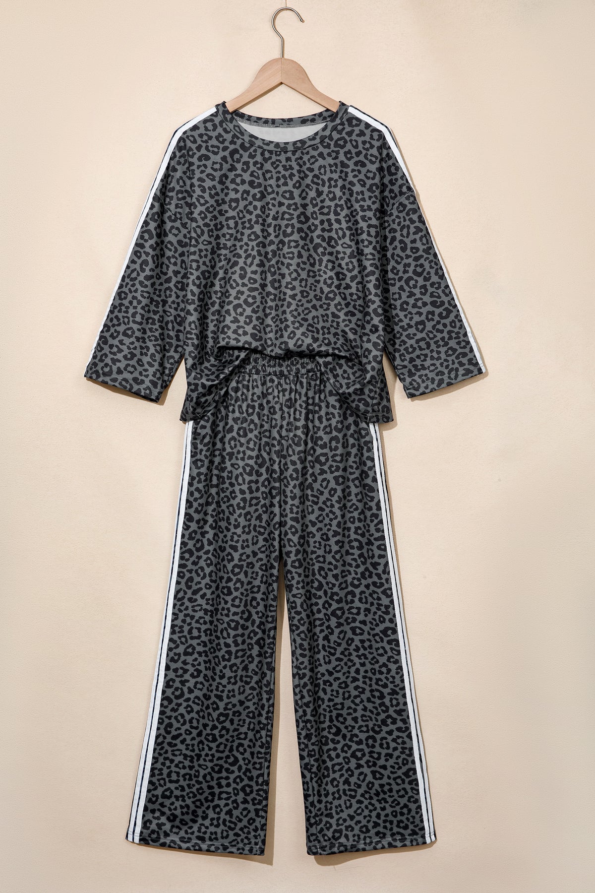Gray Leopard Print Varsity Striped Detail 3/4 Sleeve Top Shift Pant Set 🇺🇸