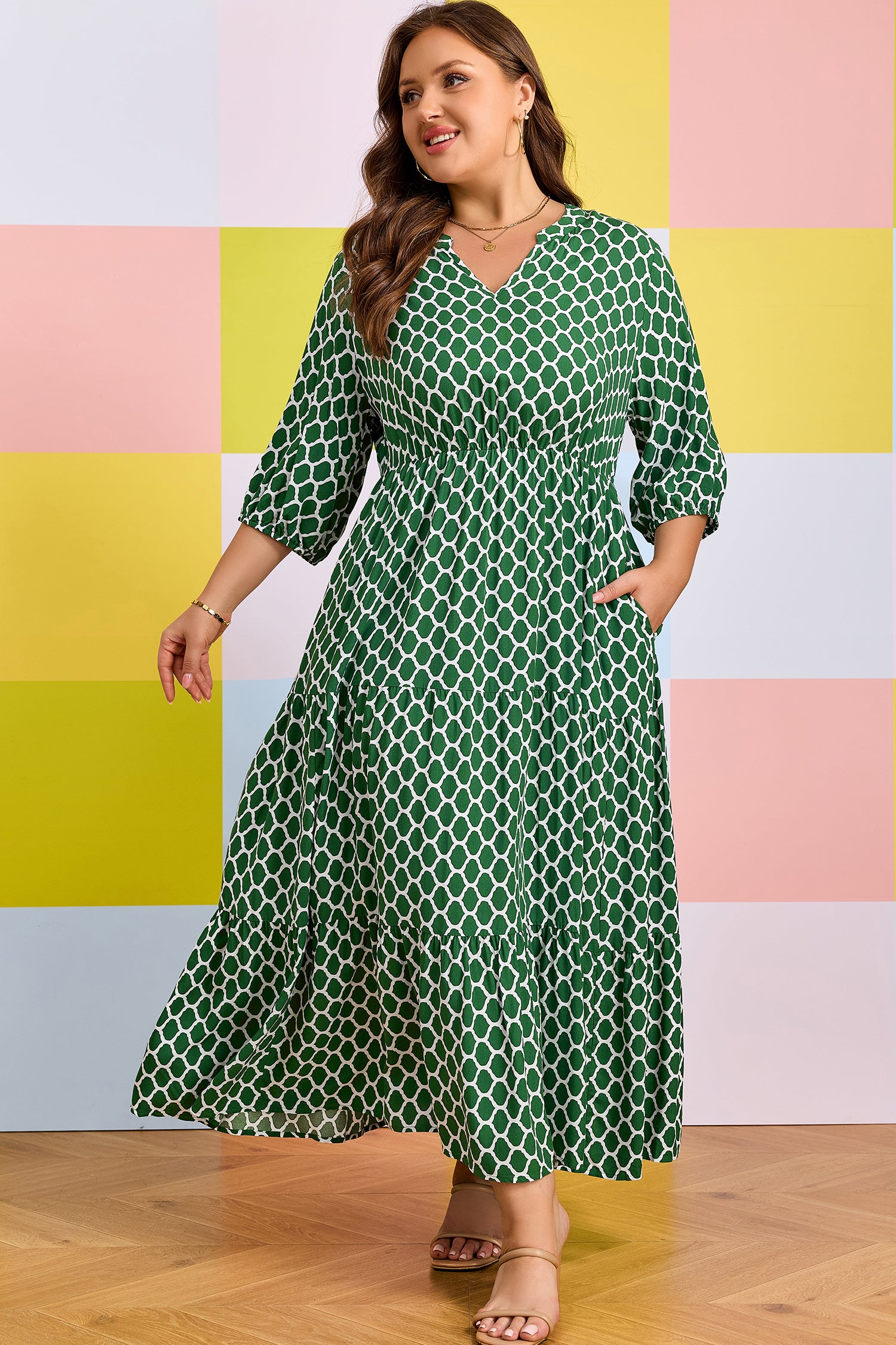 Green Plus Size Geometric Print Pocketed Ruffle Hem Casual Dress 🇺🇸