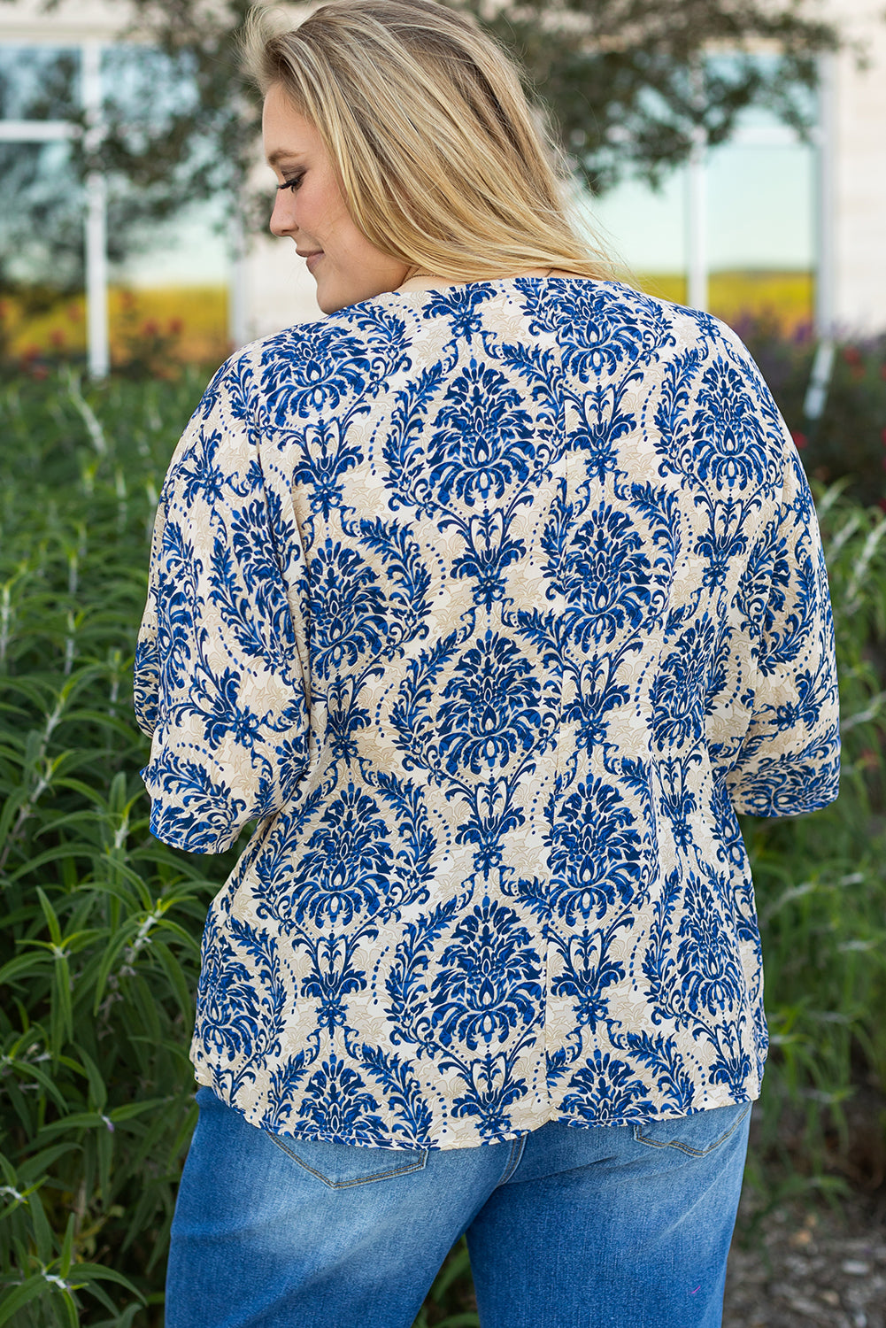 Blue Plus Size Ethnic Printed 3/4 Sleeve V Neck Loose Blouse 🇨🇳