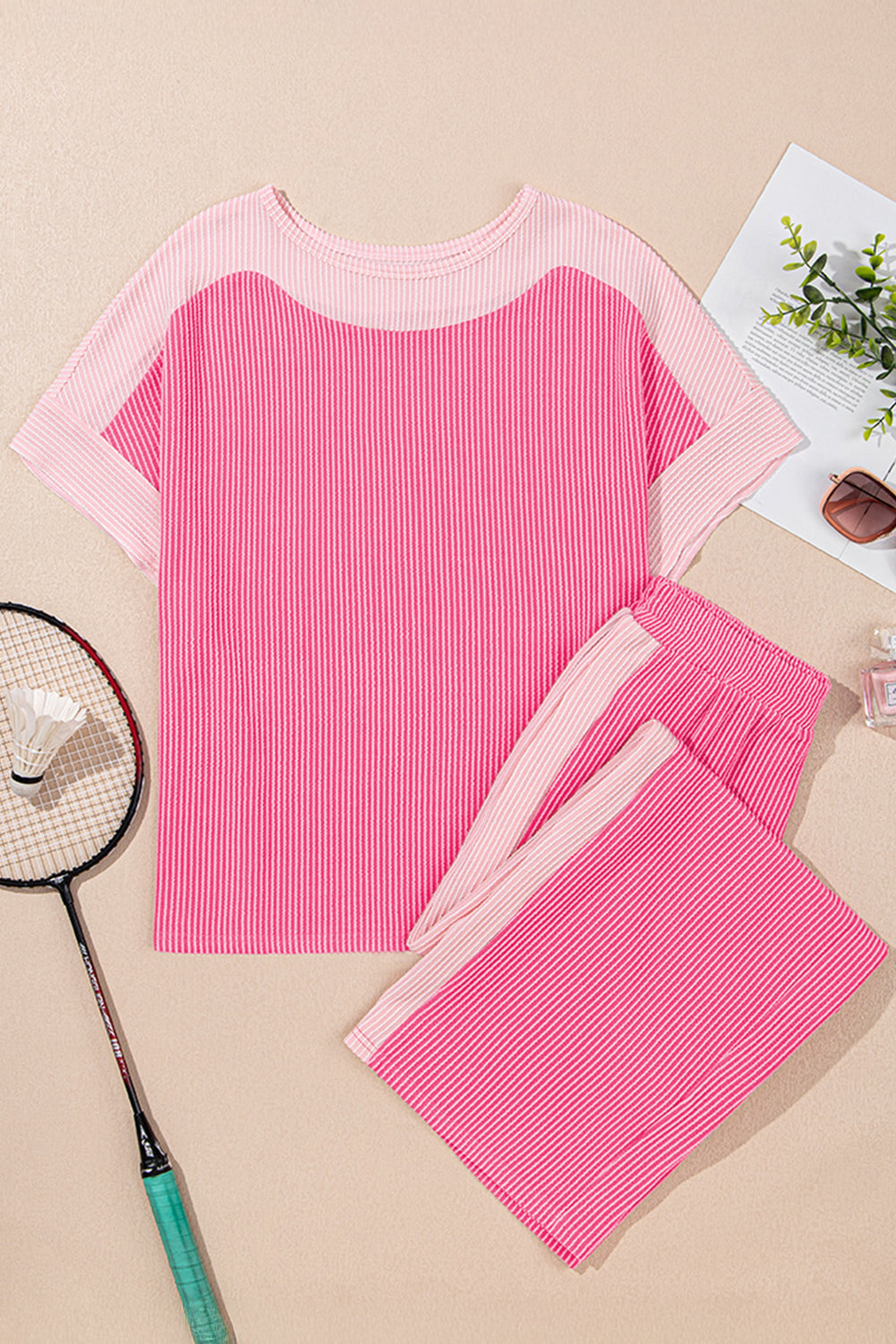 Sachet Pink 2-tone Colorblock Patchwork Corded 2pcs Outfit 🇨🇳