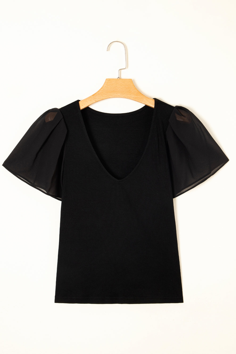 Black Mesh Ruffled Sleeve Slim Fit V Neck Top 🇺🇲