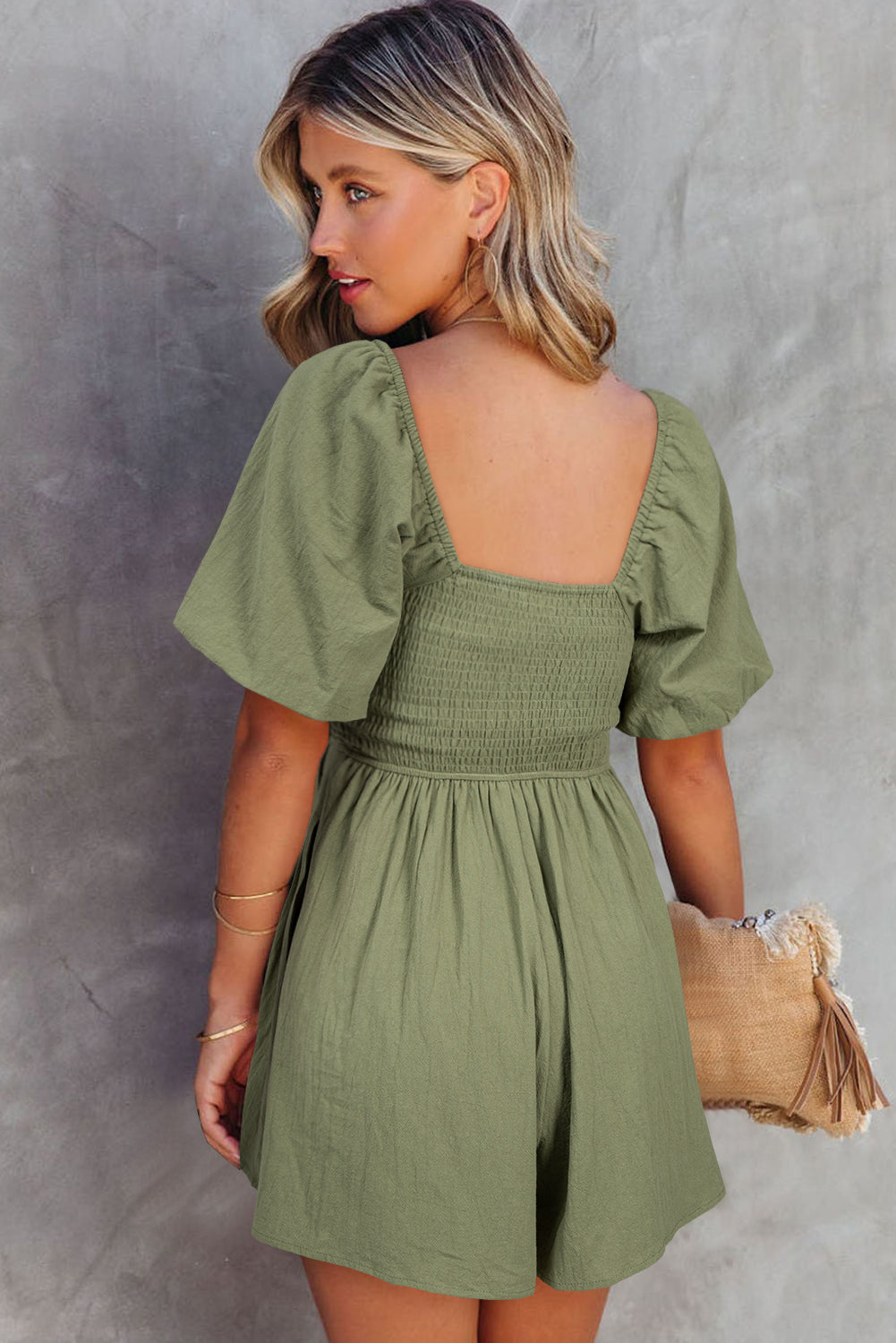Jungle Green Square Neck Ruched Puff Sleeve Romper 🇺🇸