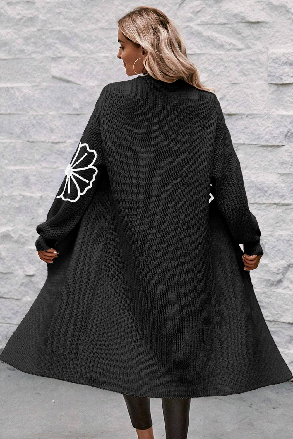 Black Flower Embroidered Drop Shoulder Open Front Duster Cardigan 🇨🇳