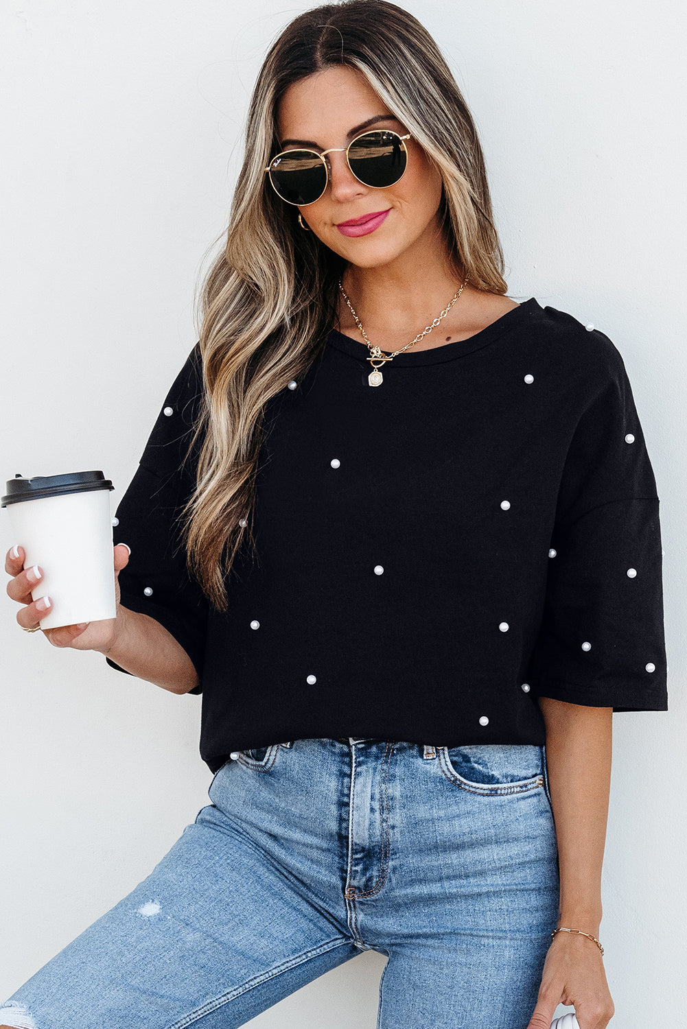 Black Pearl Beaded Drop Shoulder Crewneck T Shirt 🇨🇳