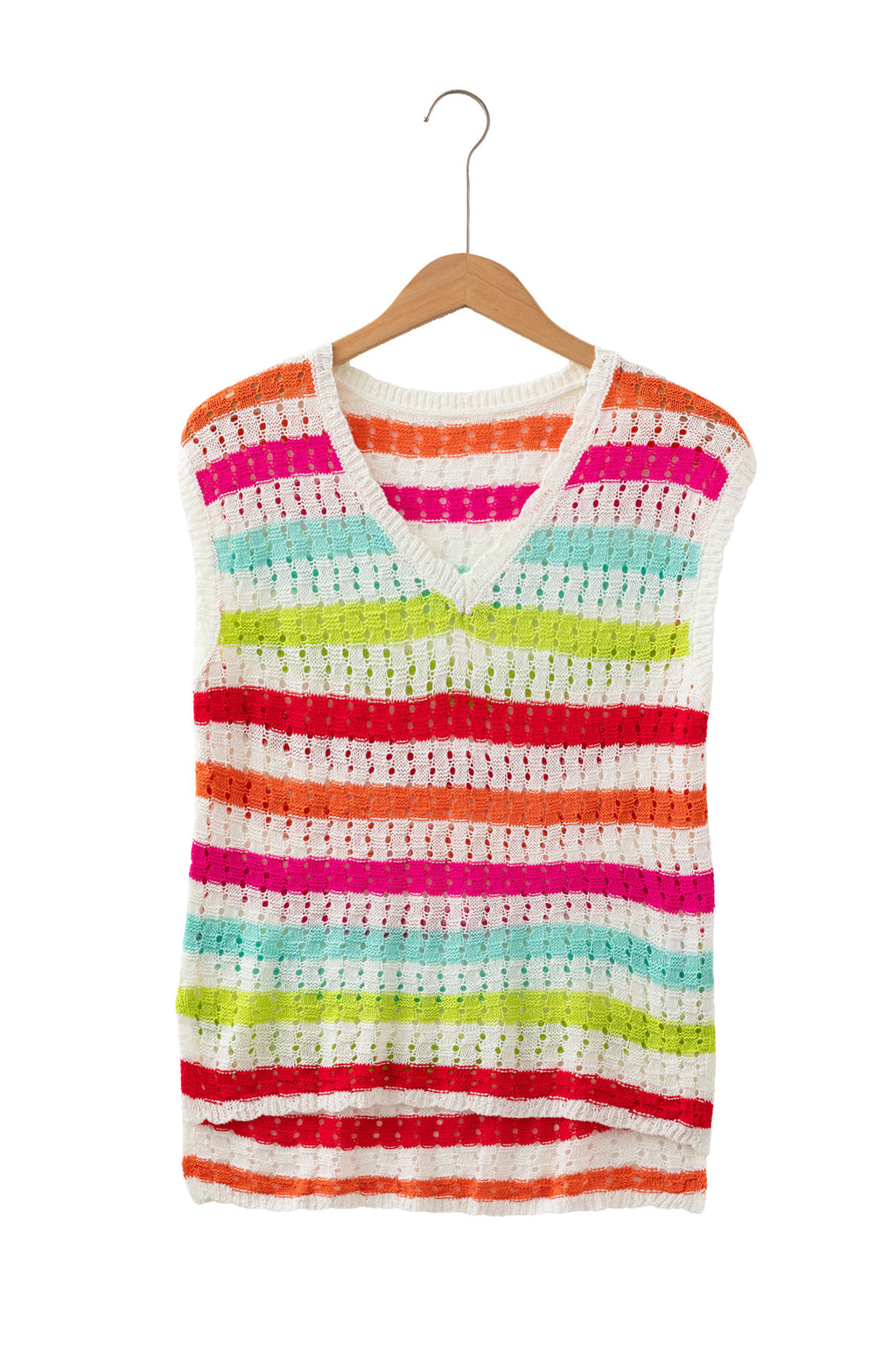 Multicolour Striped Eyelet Knit V Neck Sweater Team 🇺🇸