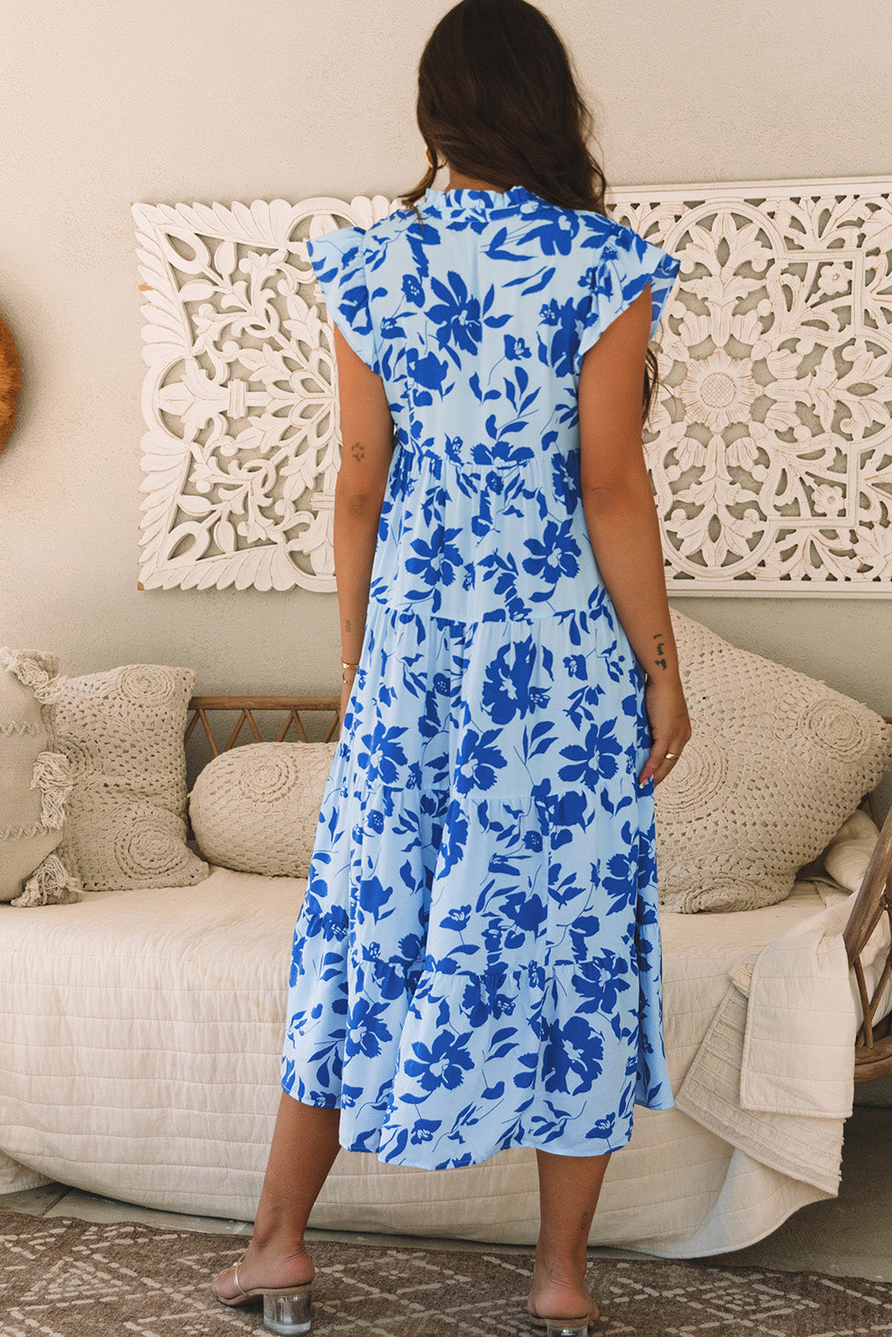 Sky Blue Floral Print Tiered Frilled Trim Flutter Sleeve Maxi Dress 🇨🇳