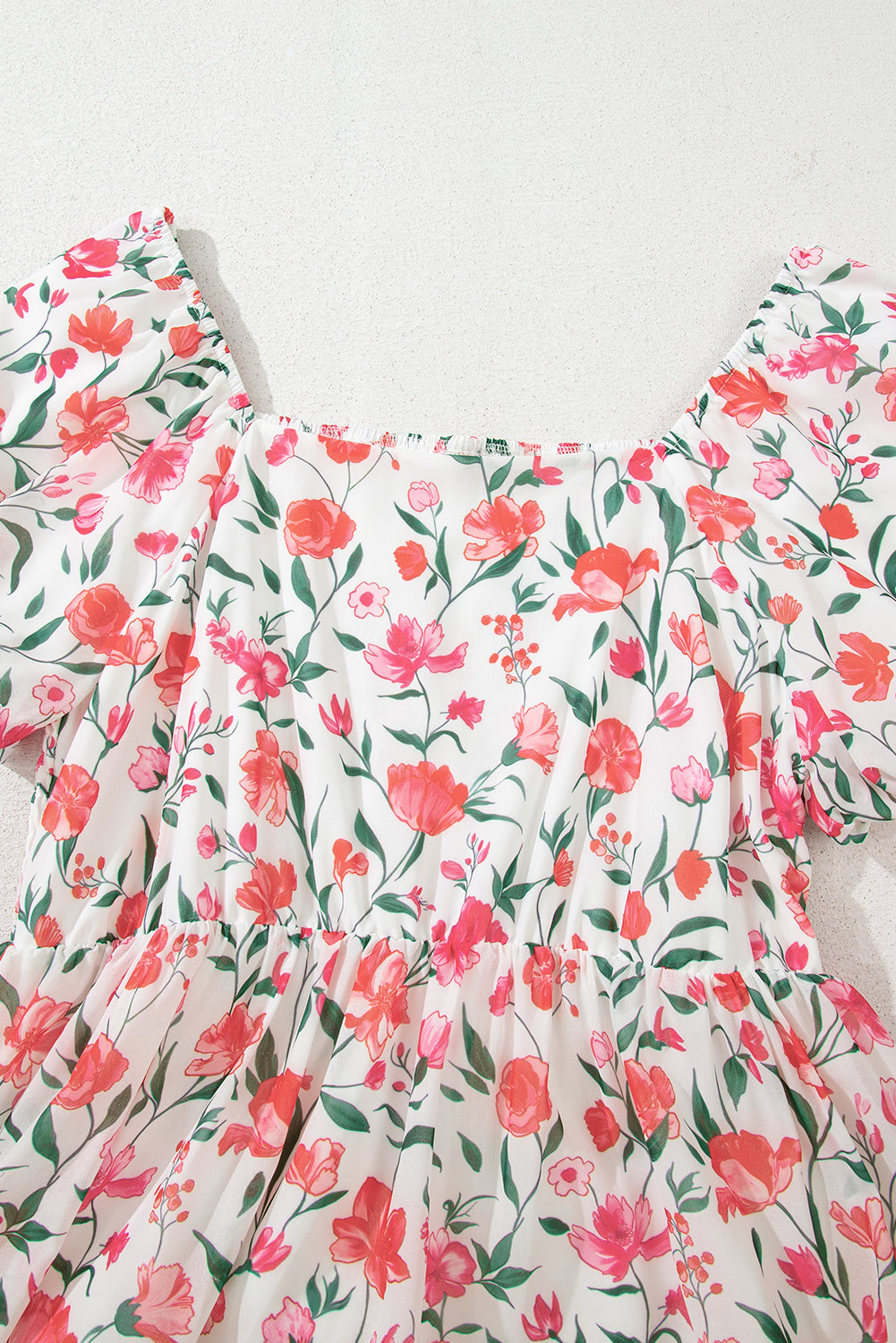 Pink Floral Puff Sleeve Square Neck Empire Waist Tiered Maxi Dress 🇨🇳