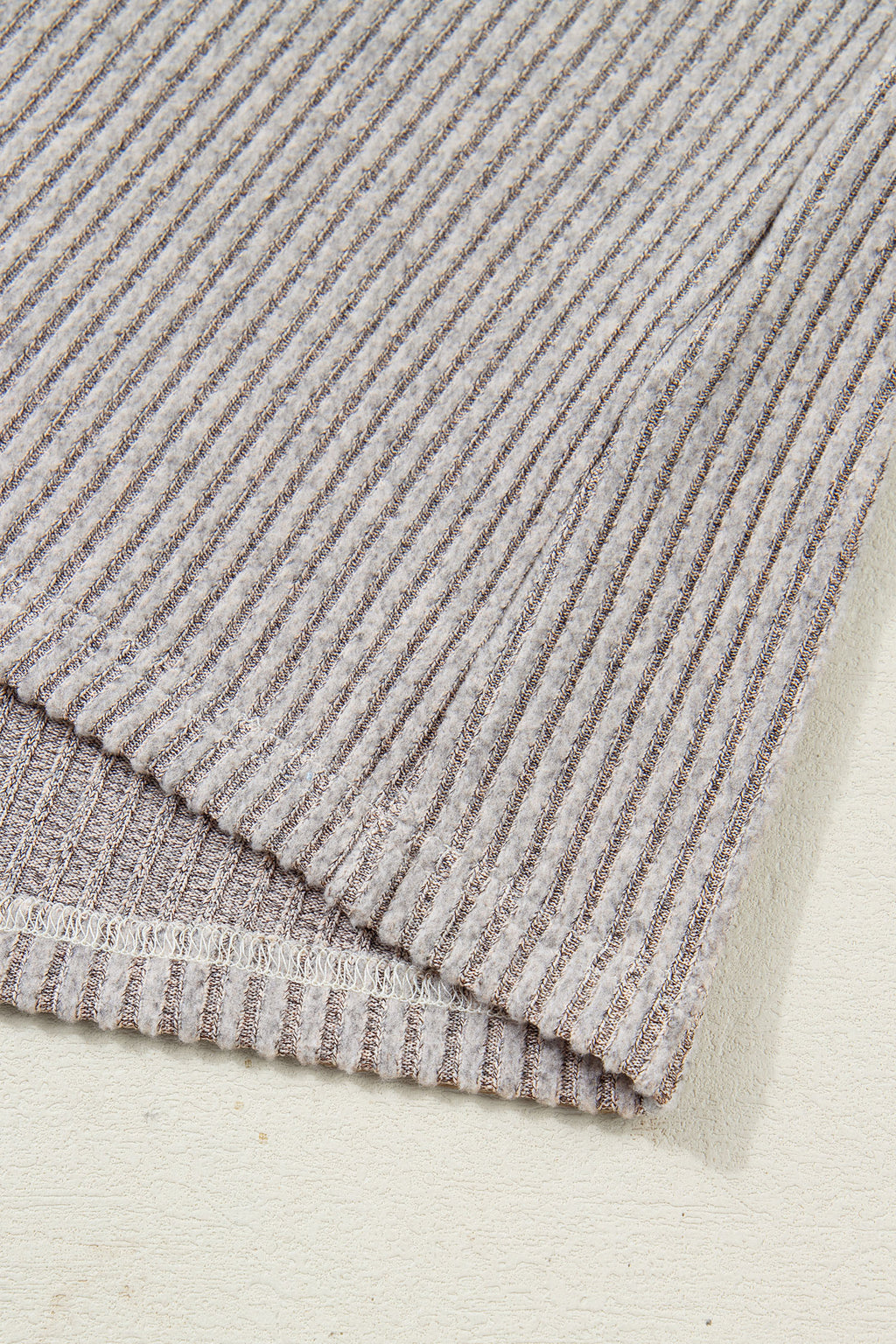 Simply Taupe Ribbed V Neck Contrast Ribbon Bow Back Drop Shoulder Long Sleeve Top 🇺🇸