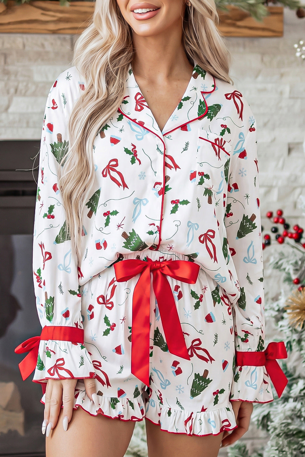White Christmas Print Ruffle Cuff Long Sleeve Lounge Set 🇺🇸