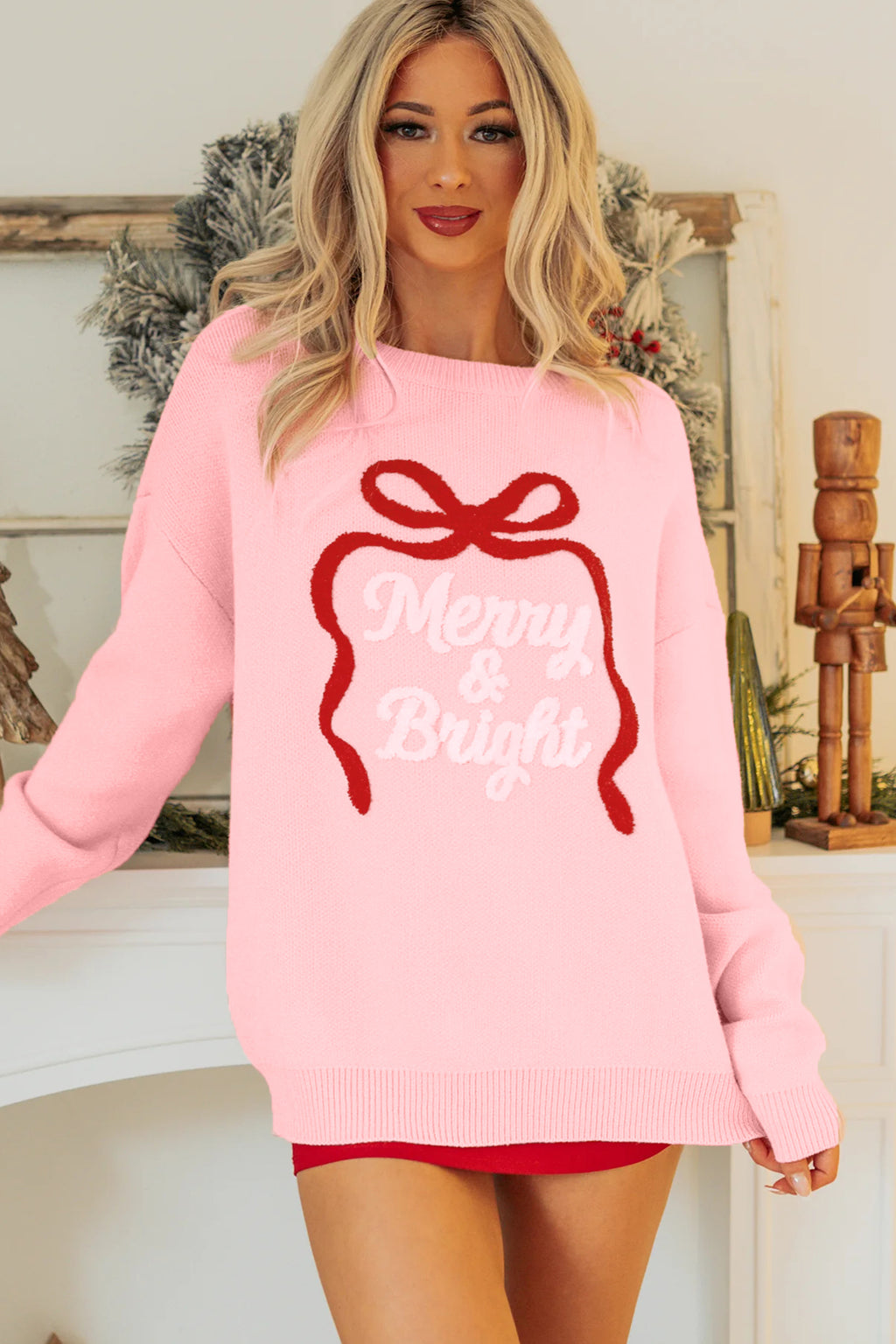 Gossamer Pink Drop Shoulder Round Neck Towel Embroidery Slogan Pullover Sweater 🇺🇸