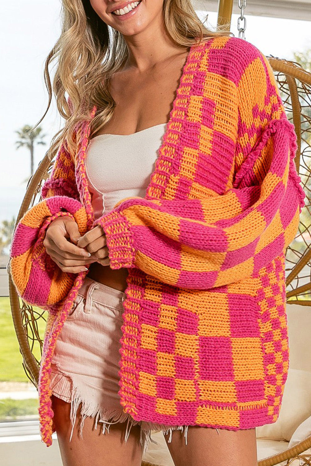 Multicolor Open Front Mixed Checkered Pattern Knit Cardigan 🇨🇳