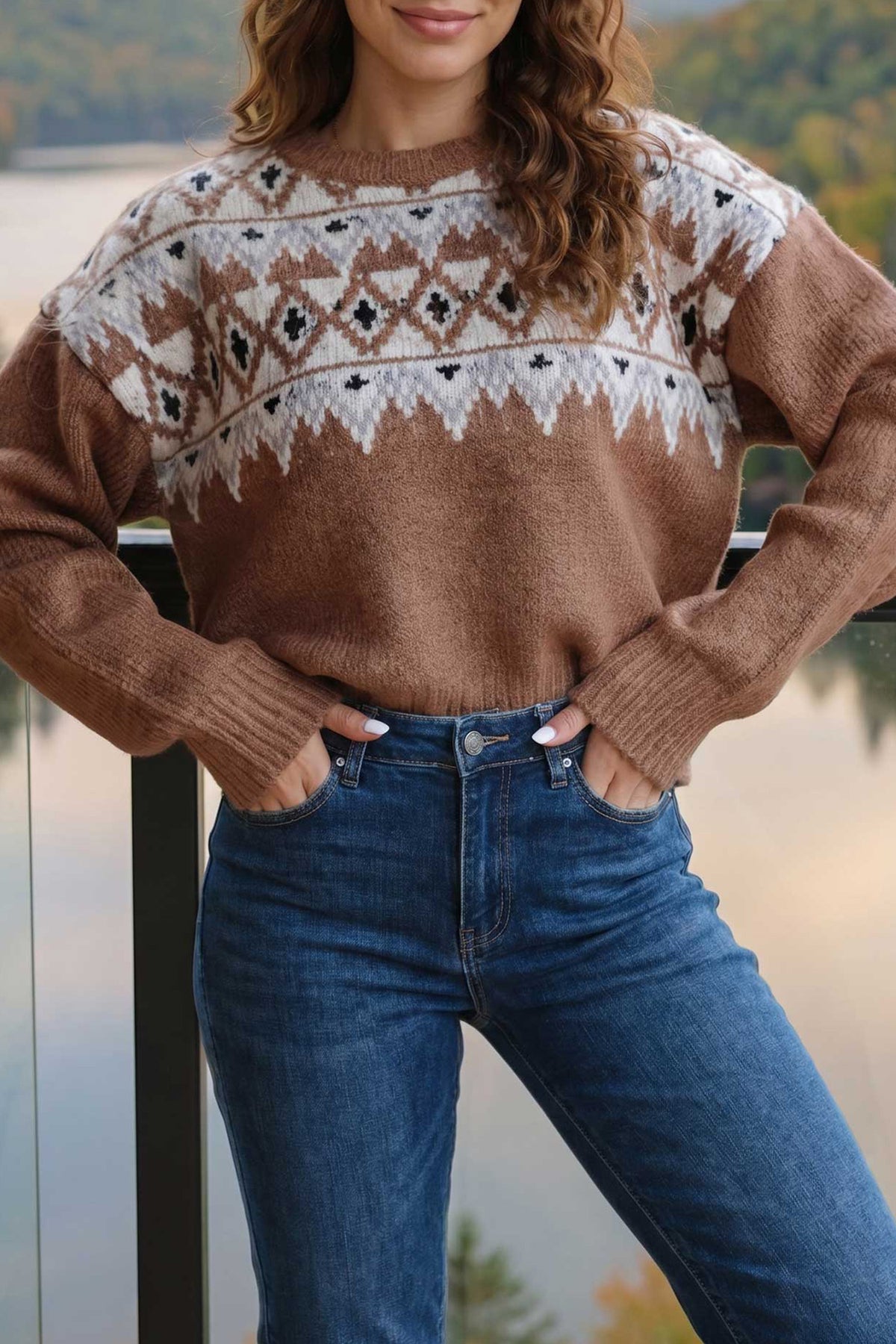 Khaki Geometric Print Drop Shoulder Casual Pullover Sweater 🇺🇸