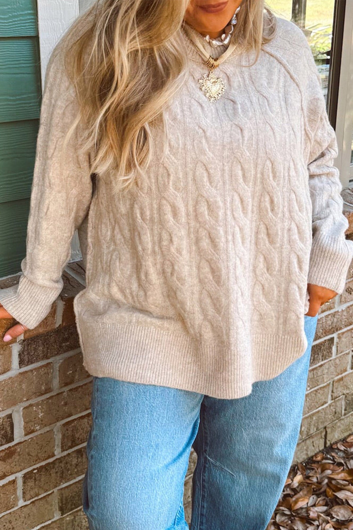 Parchment Oversized Cable Knit Long Sleeve Round Neck Tunic Length Plus Size Sweater 🇺🇸