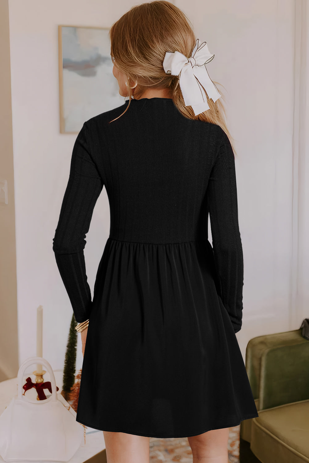Black Frilled Neck Ribbed Knit Patchwork Long Sleeve Mini Dress 🇺🇸