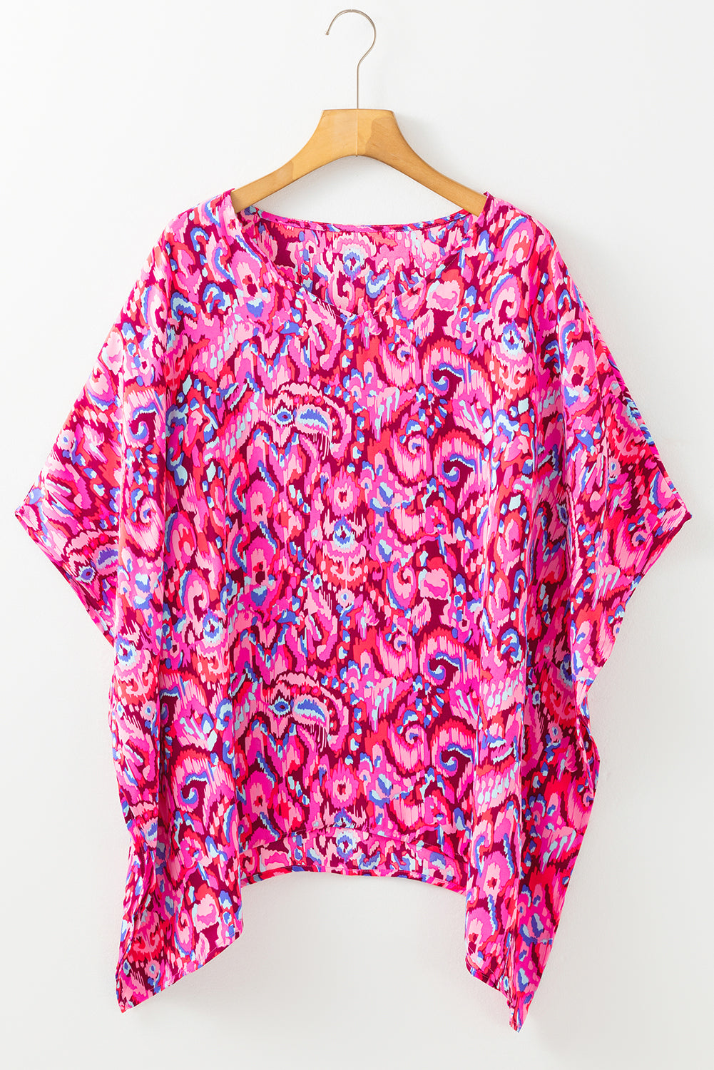 Pink Abstract Print V Neck Half Sleeve Loose Fit Tunic Blouse 🇨🇳