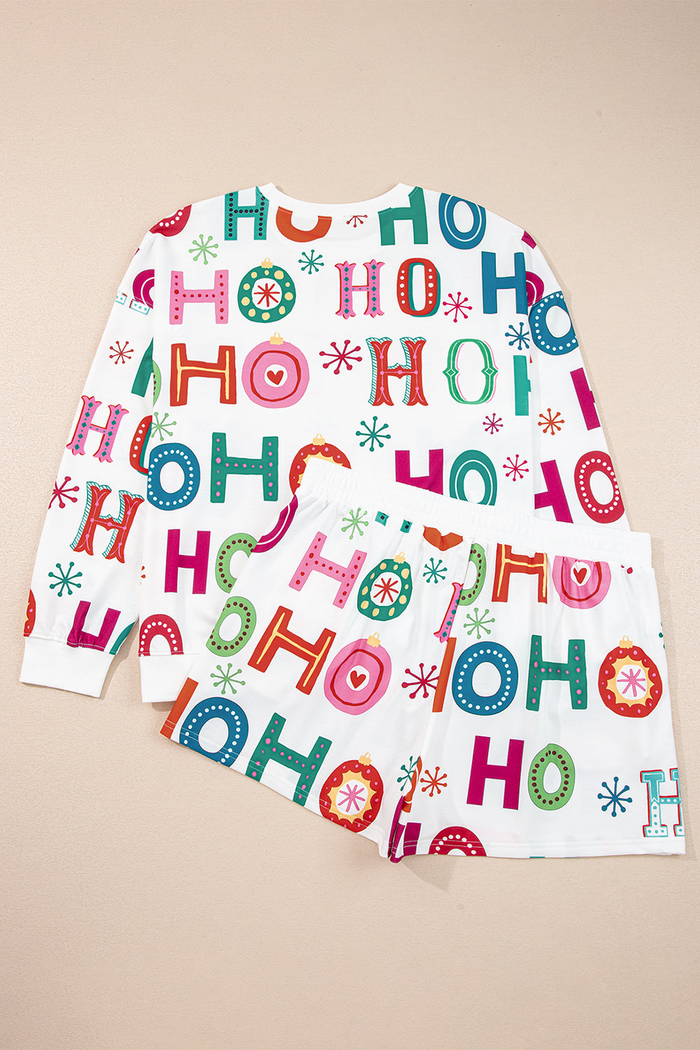 White Plus Size Christmas Ho Ho Ho Print Long Sleeve Top and Shorts 2pc Lounge Set 🇺🇸