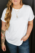 White Round Neck Rolled Sleeve Plus Size T-shirt 🇺🇸